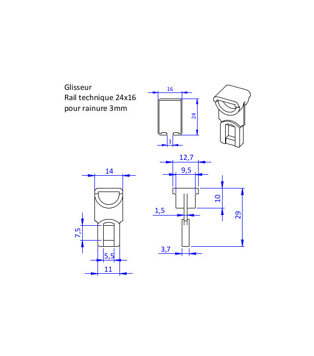 Lot de 100 glisseurs blanc pour rail 24x16-3mm