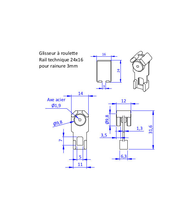 Lot de 100 glisseurs roulette pour rail 24x16-3mm