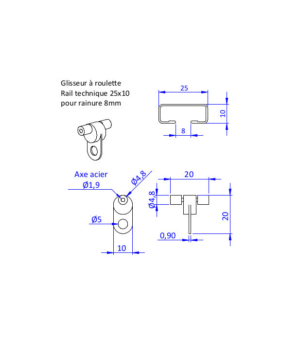 Lot de 100 glisseurs roulette blanc rail 25x10-8mm