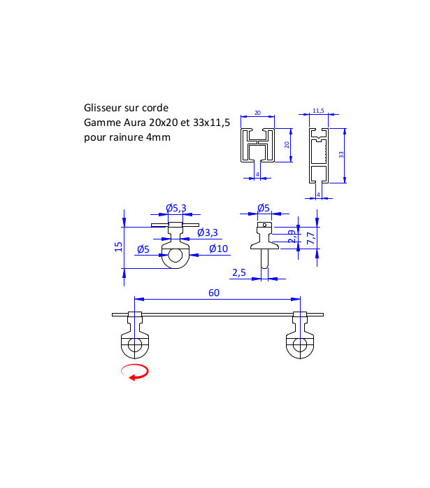 Glisseur WAVE 6cm au ml rail AURA 4mm