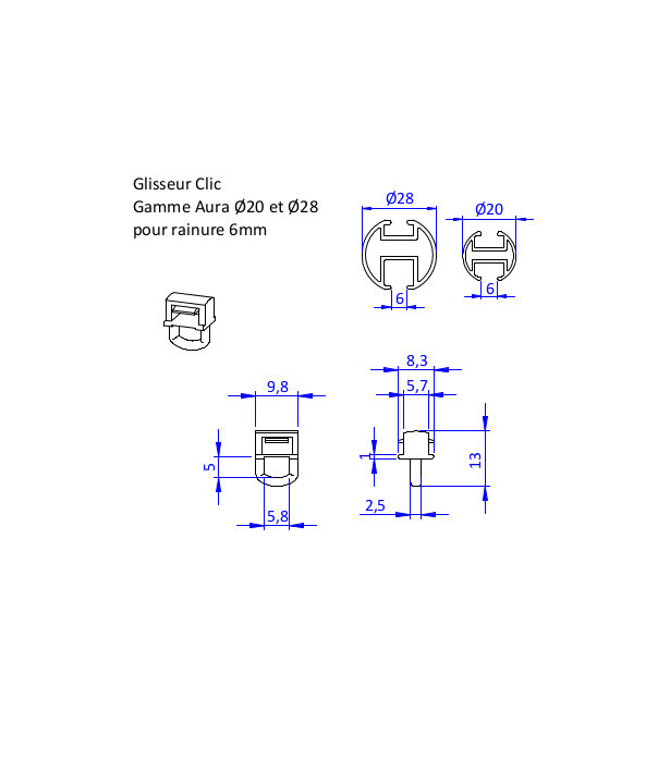 2 arrêts + 30 glisseurs rail  D20/D28 6mm