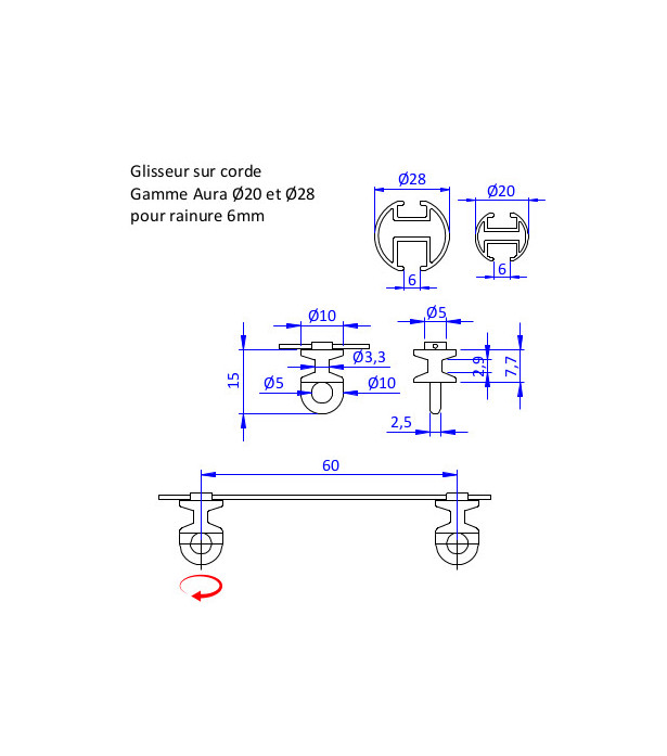 Glisseur WAVE 6cm/ml rail D20-28 6mm