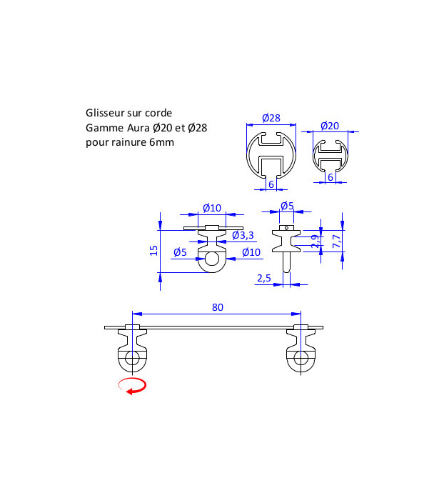 Glisseur WAVE 8cm/ML rail D20/28 6mm