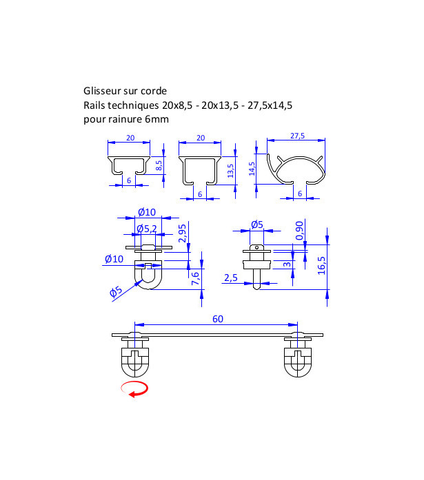 Glisseurs WAVE 6cm /ml pour rail technique