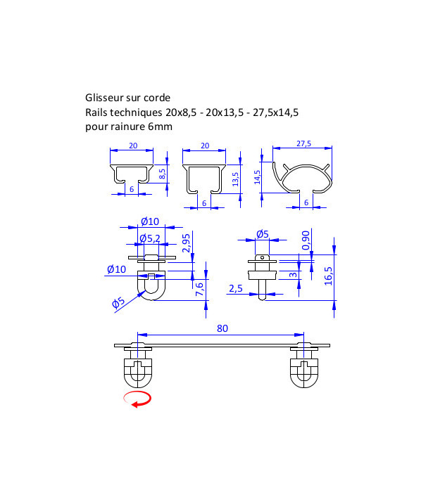 Glisseurs WAVE 8cm/ml pour rail technique 6mm