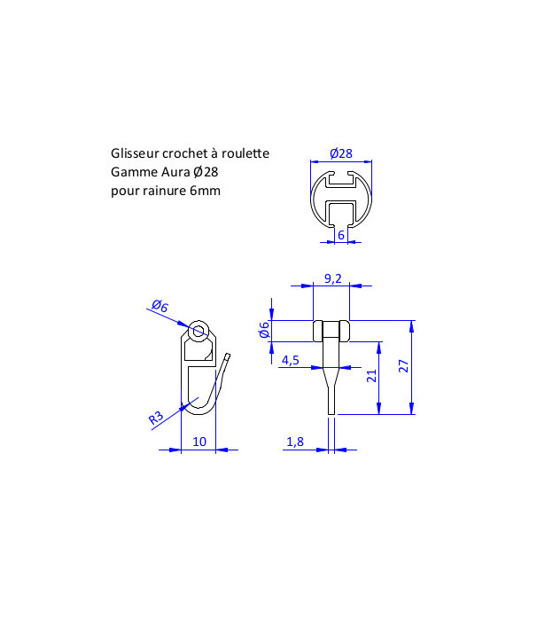 Lot de 20 glisseurs crochet roulette rail 6mm