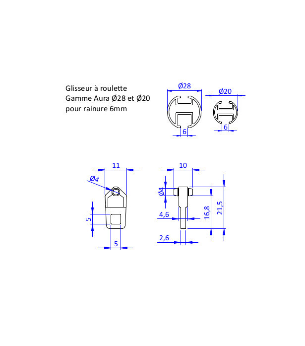 100 glisseurs roulette pour rail D20/28 6mm